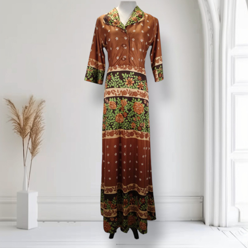 Vintage 70s Maxi Dress Brown Floral Border Print Boho Hippie Polyester Large